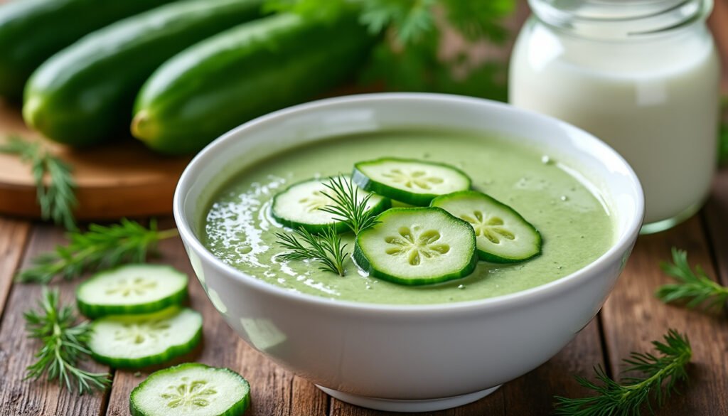 rafraîchissez vos papilles avec notre délicieuse soupe froide de concombre et yaourt. parfaite pour les journées chaudes, cette recette légère et savoureuse allie la fraîcheur du concombre à la douceur du yaourt, idéale en entrée ou en plat léger. découvrez une explosion de saveurs estivales en quelques étapes simples !