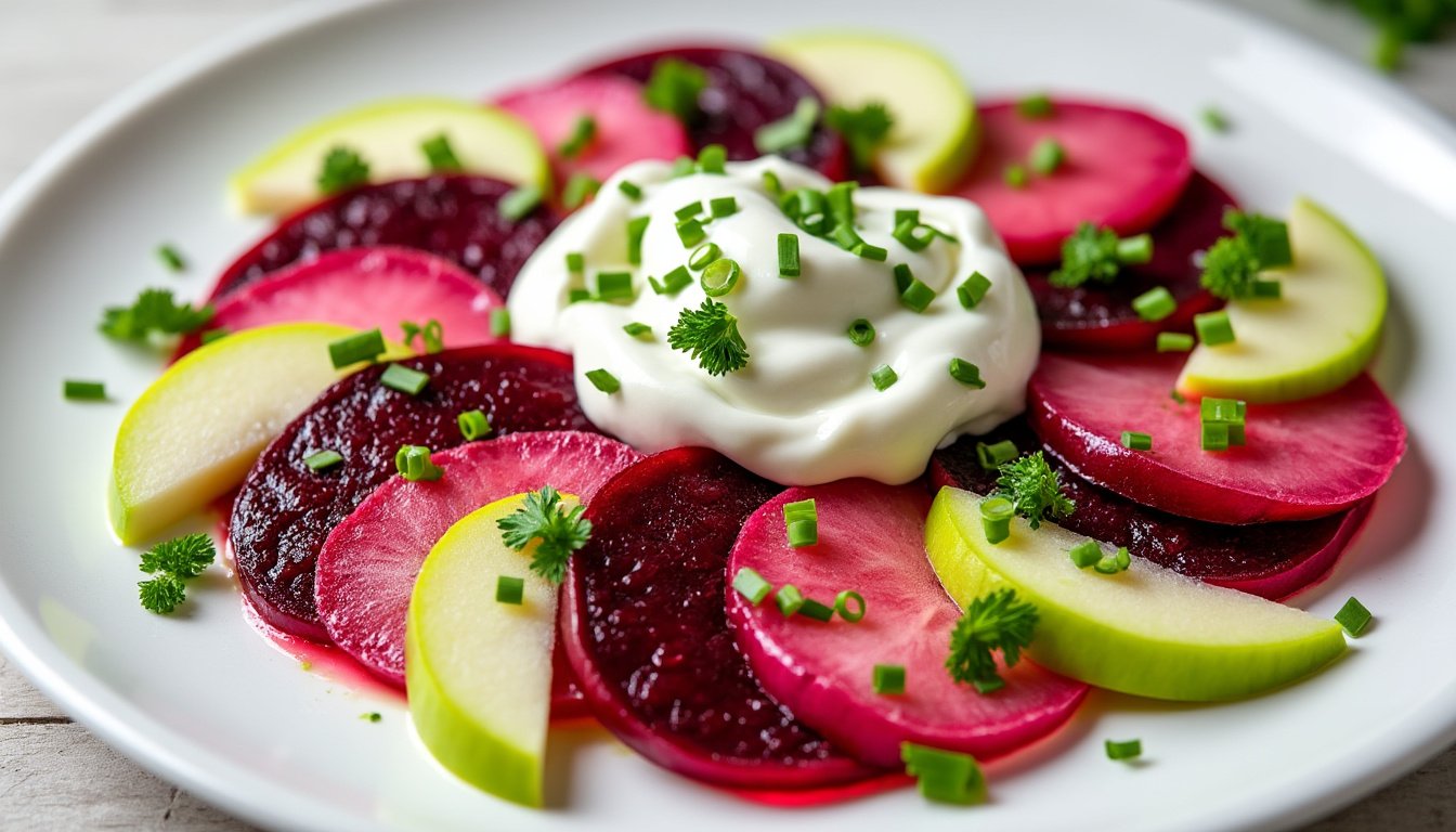 découvrez notre savoureux tartare de betterave et pommes vertes, une délicieuse salade fraßche et colorée, parfaite pour sublimer vos apéritifs ou vos plats végétariens. un mélange audacieux de saveurs sucrées et acidulées qui ravira vos papilles !