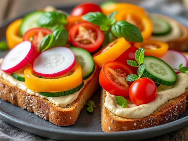 Tartines de houmous et légumes croquants