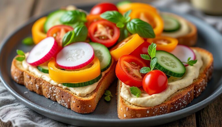 découvrez nos délicieuses tartines de houmous garnies de légumes croquants. une recette saine et savoureuse idéale pour vos apéritifs ou pauses déjeuner. savourez un mélange parfait de textures et de saveurs riches en couleurs!