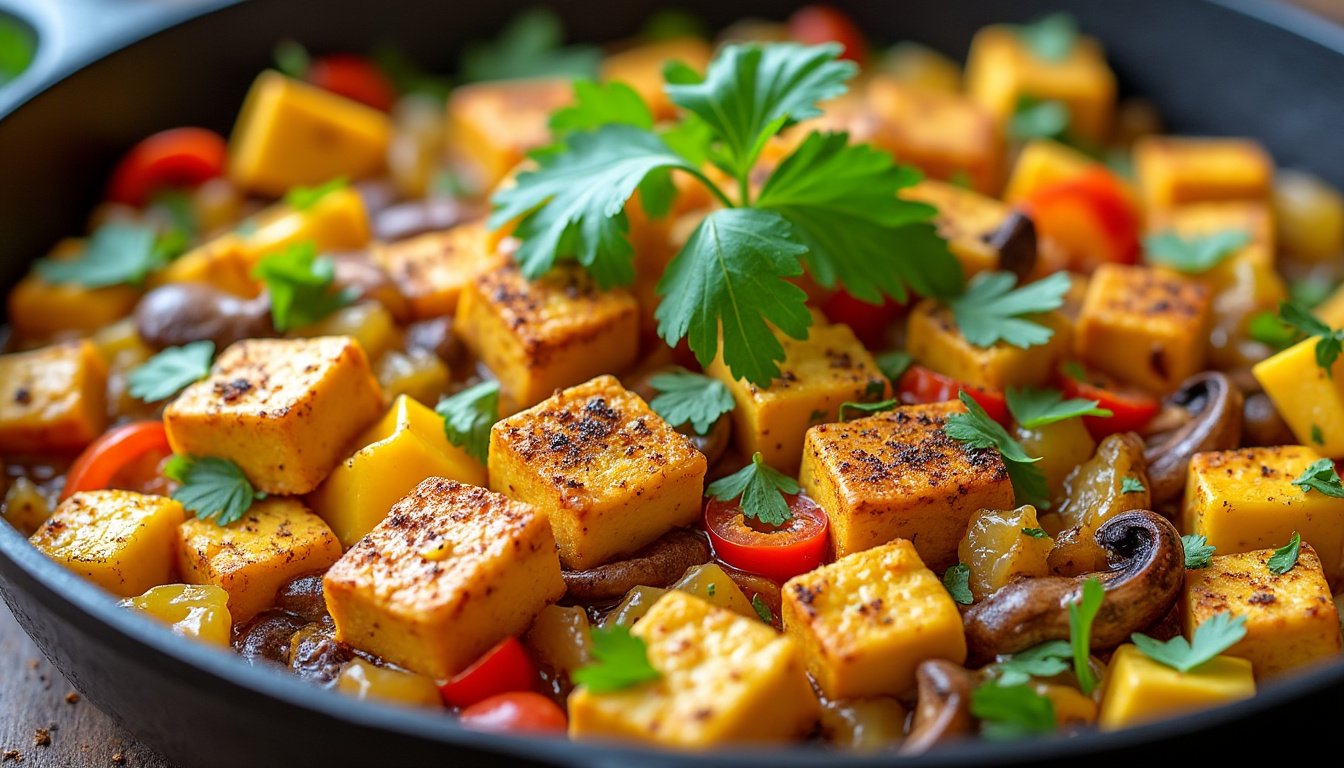 découvrez une délicieuse recette de tofu brouillé aux épices et légumes, idéale pour un petit-déjeuner sain et savoureux. ce plat végétalien est riches en protéines et se prépare rapidement. parfait pour égayer votre matinée!