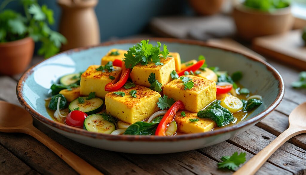 découvrez notre recette de tofu brouillé aux épices et légumes, une délicieuse alternative végétale pour un petit-déjeuner énergisant. facile à préparer, ce plat savoureux allie textures et saveurs, parfait pour les amateurs de cuisine saine et gourmande.