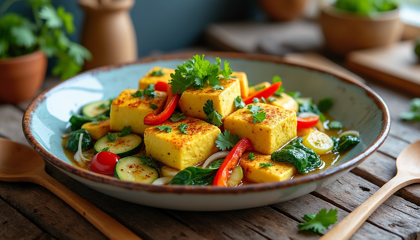 découvrez notre recette de tofu brouillé aux épices et légumes, une délicieuse alternative végétale pour un petit-déjeuner énergisant. facile à préparer, ce plat savoureux allie textures et saveurs, parfait pour les amateurs de cuisine saine et gourmande.