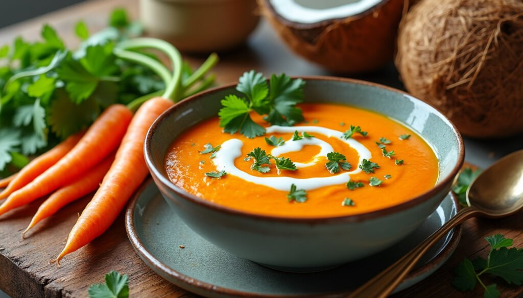 découvrez notre savoureux velouté de carottes au lait de coco, un soupé crémeux et réconfortant qui allie douceur et exotisme. idéal pour réchauffer vos soirées d'hiver, ce plat léger et nourrissant ravira vos papilles avec ses arômes délicats et sa texture onctueuse.