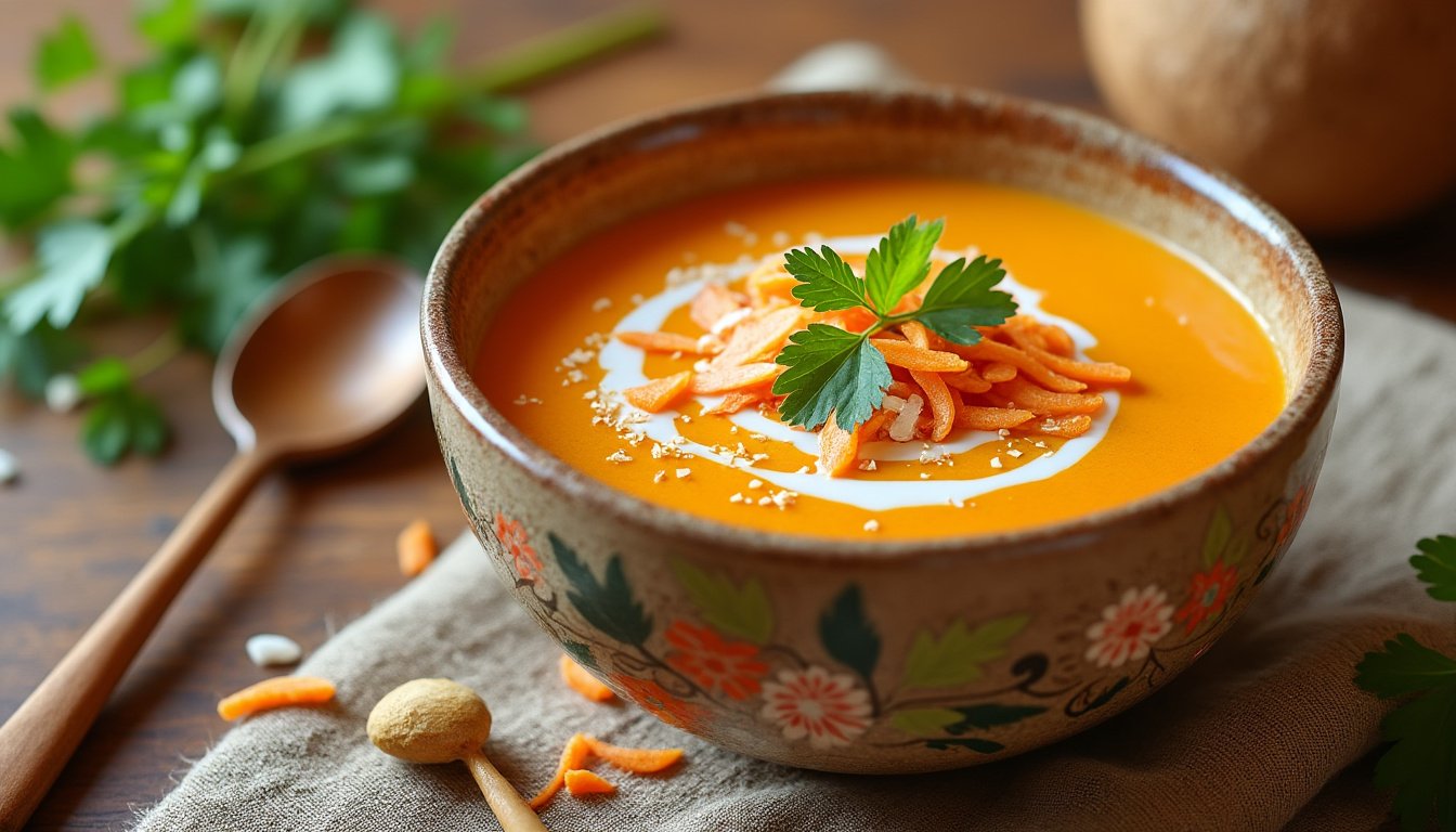 découvrez notre délicieuse recette de velouté de carottes et lait de coco, un mélange crémeux et réconfortant qui réchauffe les cœurs. idéal pour un repas léger ou une entrée raffinée, ce plat savoureux allie la douceur des carottes à l'onctuosité du lait de coco. parfait pour éveiller vos papilles et apporter une touche d'exotisme à votre table.
