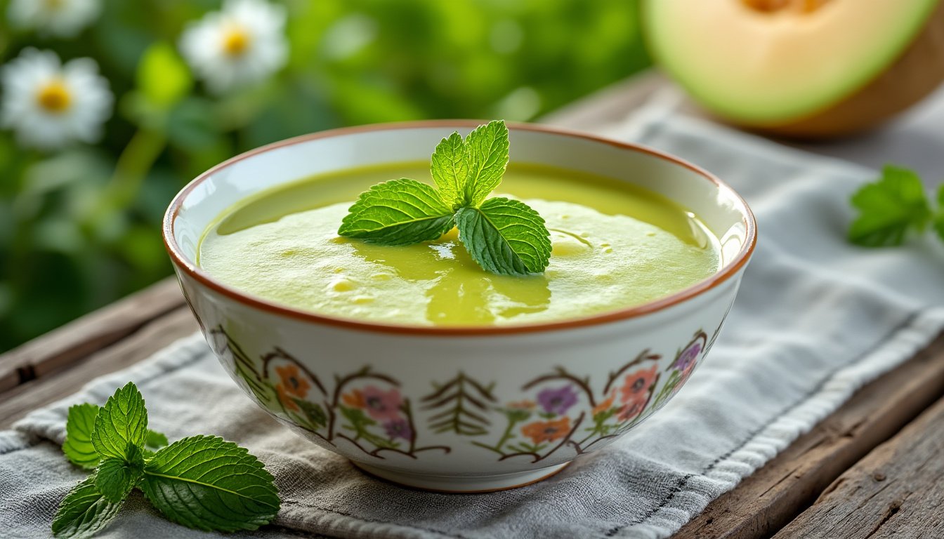 découvrez notre velouté froid de melon et menthe, une entrée refreshissante et gourmande parfaite pour l'été. ce mélange onctueux de melon mûr et de menthe aromatique saura ravir vos papilles avec des saveurs délicates et rafraîchissantes.