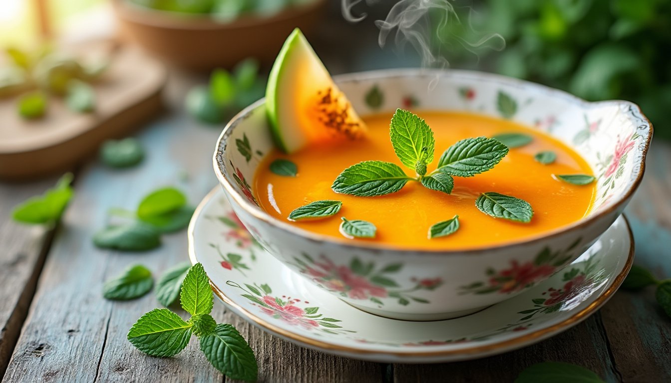 découvrez notre velouté froid de melon et menthe, une délicieuse et rafraîchissante soupe idéale pour les journées estivales. éveillez vos papilles avec cette recette légère, alliant la douceur du melon à la fraîcheur de la menthe, parfait pour un apéritif ou un entrée originale.