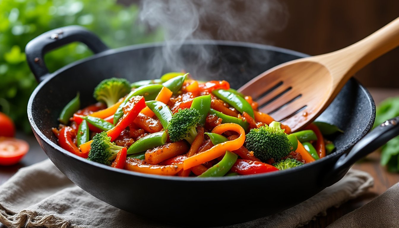 découvrez notre savoureux wok de légumes à la sauce hoisin, un plat coloré et plein de saveurs qui ravira vos papilles. idéal pour un repas sain et rapide, cette recette combine des légumes croquants et une sauce umami délicieuse. parfait pour les amateurs de cuisine asiatique, à savourer en famille ou entre amis !