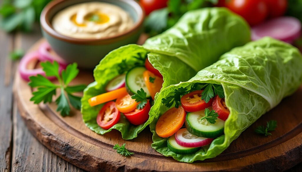 découvrez une recette saine et savoureuse de wraps de laitue garnis de légumes croquants et accompagnés d'un délicieux houmous. parfait pour un déjeuner léger ou un apéritif frais, ces wraps apportent une touche de fraîcheur et de croquant à votre table.