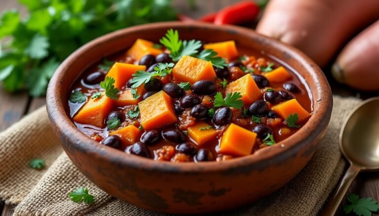 découvrez une recette savoureuse de chili aux patates douces et haricots noirs, alliant douceur et épices pour un plat réconfortant et nourrissant. idéal pour un repas convivial ou un dîner végétarien, ce chili riche en saveurs ravira vos papilles !