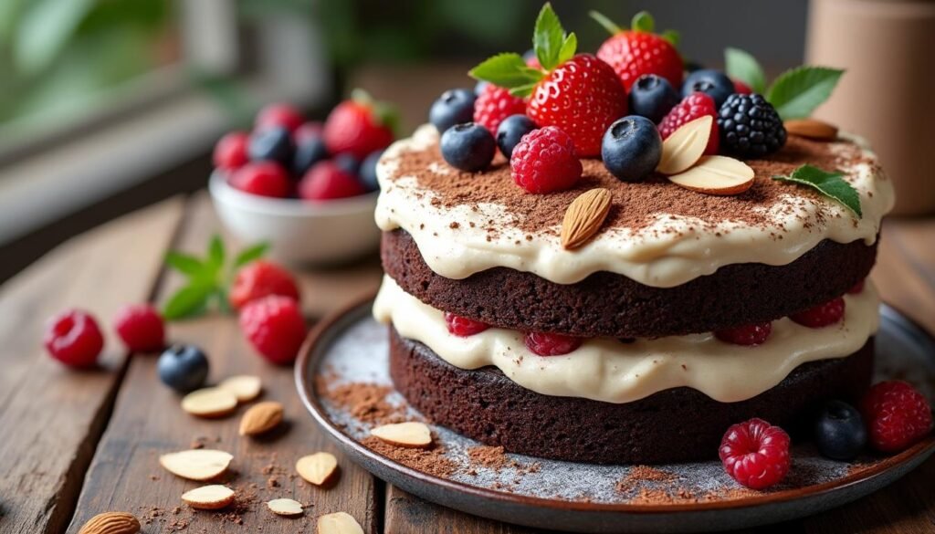 découvrez notre délicieux gâteau au lait d’amande et cacao, une douceur moelleuse alliant le goût subtil de l’amande à l’intensité du chocolat. parfait pour les amateurs de pâtisseries gourmandes, ce gâteau ravira vos papilles et séduira vos invités lors de toutes vos occasions.