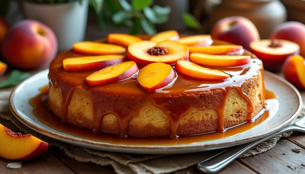 découvrez notre irrésistible gâteau renversé aux pêches caramélisées, un délice sucré alliant la douceur des pêches à la richesse d'un caramel fondant. parfait pour les amateurs de desserts gourmands, ce gâteau ravira vos papilles et égayera vos tables. une recette simple et savoureuse à essayer sans attendre !