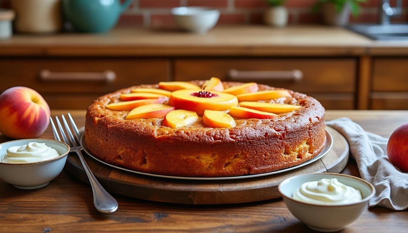 découvrez notre irrésistible gâteau renversé aux pêches caramélisées, alliant la douceur des fruits juteux à un caramel doré. parfait pour vos dessert d'été, ce délice moelleux ravira vos papilles à chaque bouchée.