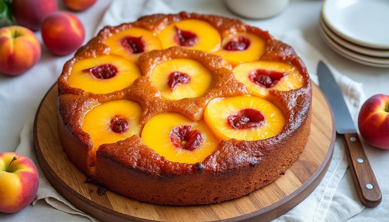 découvrez notre délicieux gâteau renversé aux pêches caramélisées, un dessert moelleux et savoureux qui allie le fondant des pêches et le caramel exquis. idéal pour impressionner vos invités ou pour un moment gourmand en famille, cette recette saura ravir toutes les papilles.