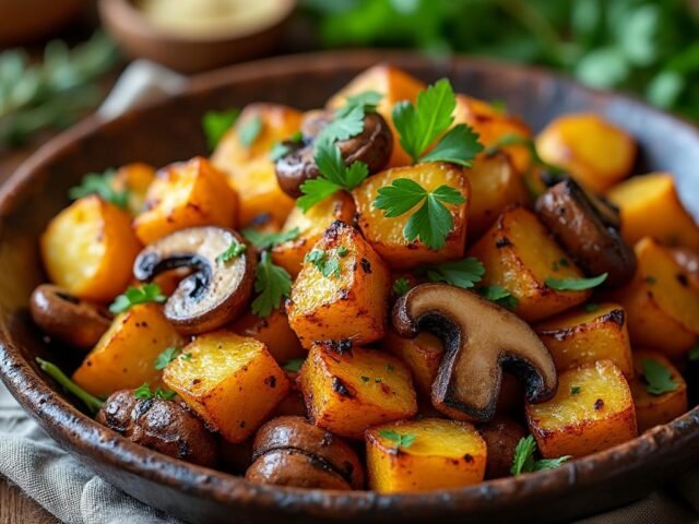 Poêlée de pommes de terre, champignons et tofu fumé