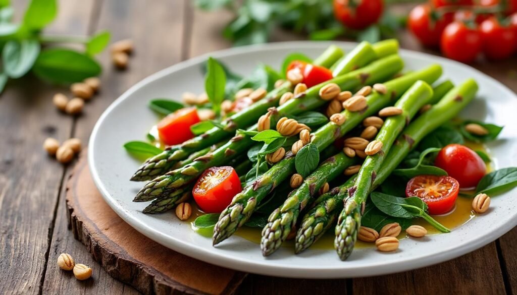 découvrez une délicieuse salade d'asperges grillées agrémentées de pignons de pin croquants. une recette fraîche et savoureuse, parfaite pour accompagner vos plats ou en entrée légère. essayez cette combinaison gourmande qui saura ravir vos papilles!