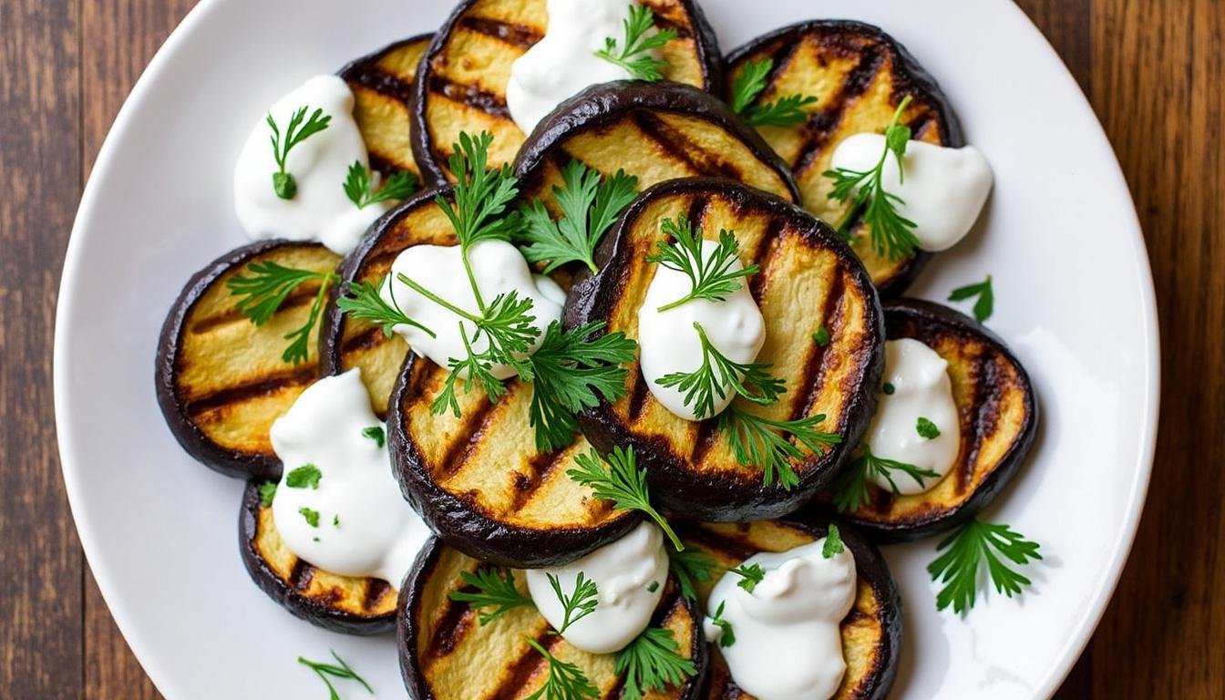 découvrez une délicieuse salade d’aubergines grillées associées à des pois chiches tendres et une onctueuse sauce au yaourt. parfaite pour un repas léger et savoureux, cette recette colorée allie des saveurs méditerranéennes authentiques et une texture croquante, idéale pour vos déjeuners d'été.