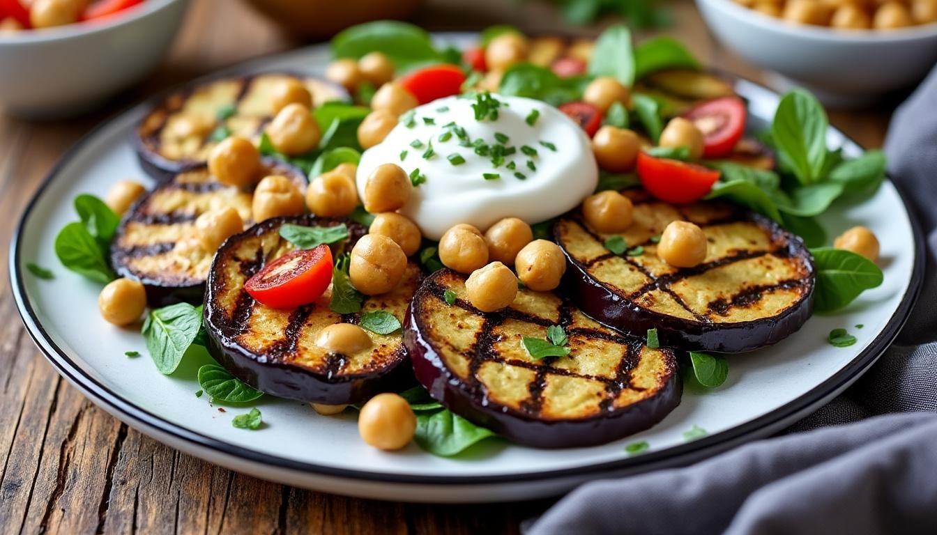 découvrez notre délicieuse salade d'aubergines grillées accompagnée de pois chiches croquants et d'une onctueuse sauce au yaourt. un plat végétarien savoureux et riche en protéines, parfait pour un déjeuner léger ou un dîner estival. idéal pour impressionner vos invités ou simplement se faire plaisir!
