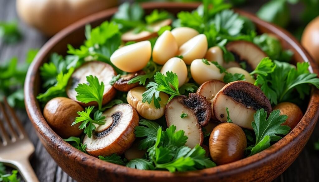 découvrez notre délicieuse recette de salade de champignons, persil et ail. un plat frais et savoureux, parfait pour accompagner vos repas ou servir en entrée. facile à préparer, cette salade met en valeur les saveurs terreuses des champignons rehaussées par le parfum du persil et l'arôme intense de l'ail.