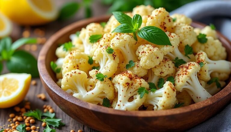 découvrez une délicieuse salade de chou-fleur mariné au citron et agrémenté de sumac. un mélange frais et savoureux qui réveille vos papilles avec des notes acidulées et épicées, parfaite en accompagnement ou en plat principal léger.