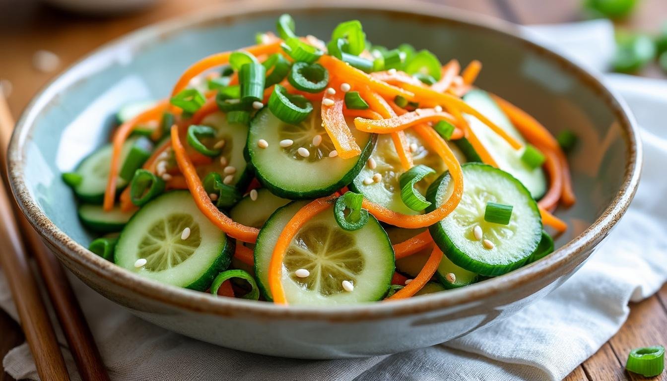 découvrez une délicieuse salade de concombres marinés au vinaigre de riz, parfaite pour accompagner vos plats d'été. fraîche et croquante, cette recette facile à préparer saura ravir vos papilles avec son goût subtil et ses arômes envoûtants.