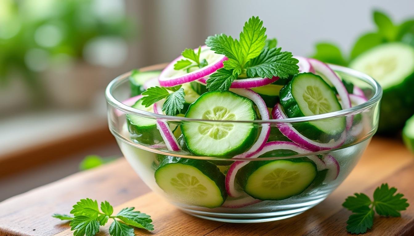 découvrez notre délicieuse salade de concombres marinés au vinaigre de riz, une recette fraîche et parfumée, parfaite pour accompagner vos repas d'été. savourez la croquant des concombres sublimé par une marinade légère et savoureuse.