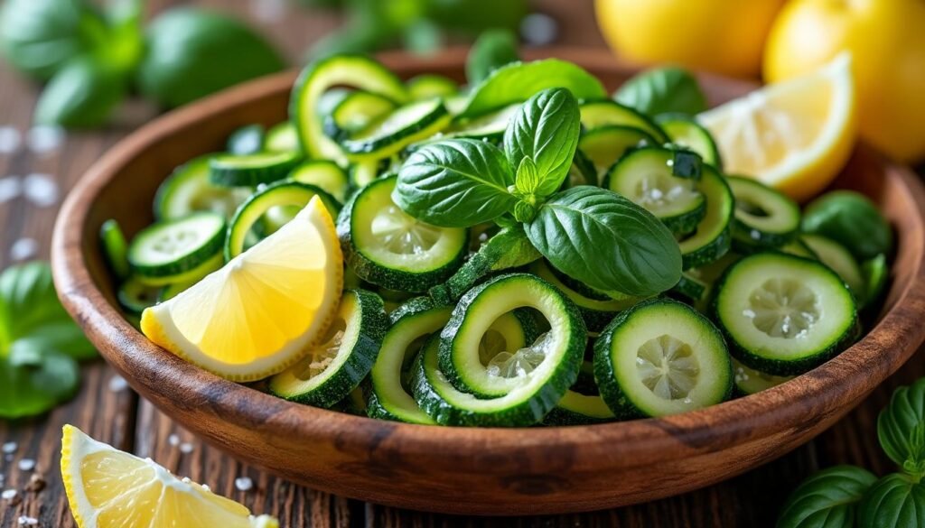 découvrez notre délicieuse salade de courgettes crues, rehaussée de basilic frais et d'un zeste de citron. un plat léger et rafraîchissant, parfait pour l'été ou comme accompagnement savoureux !