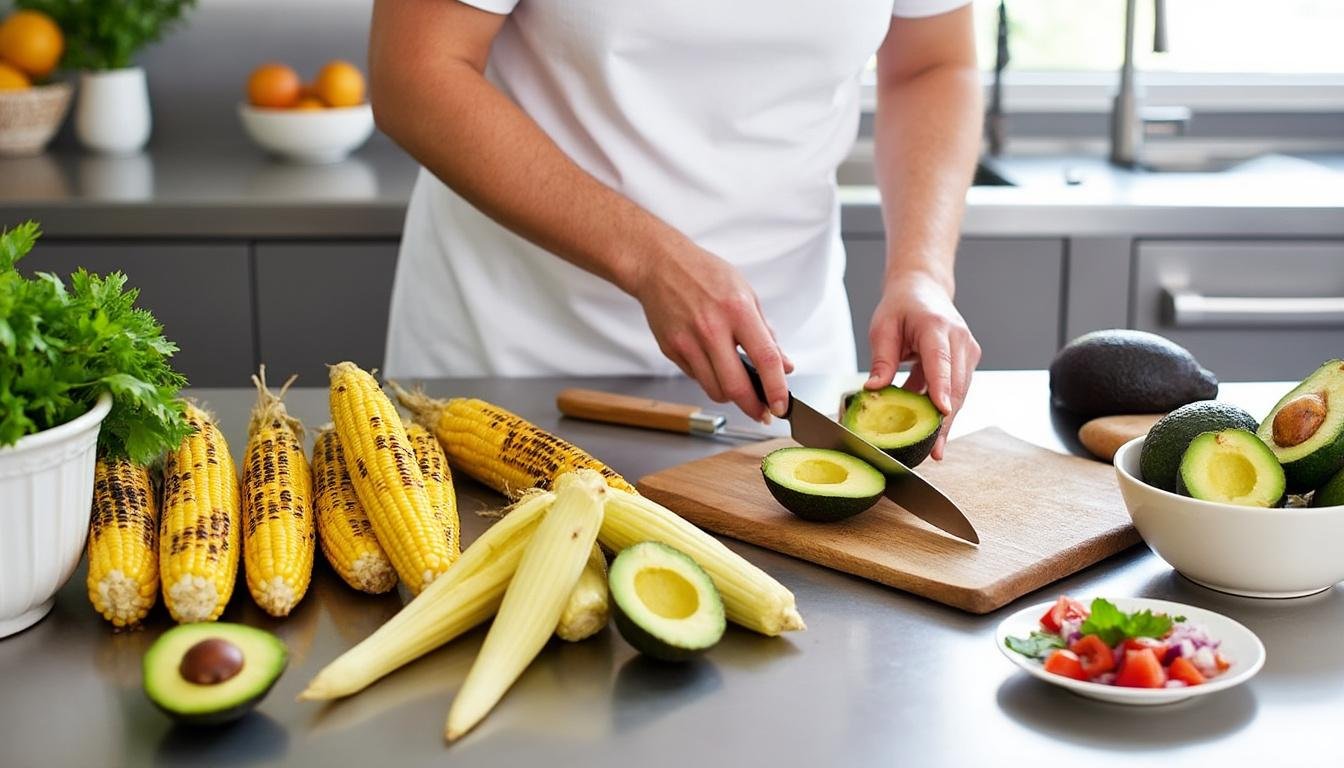découvrez notre délicieuse salade de maïs grillé et avocat, un mélange savoureux et rafraîchissant parfait pour vos repas d'été. profitez de la douceur du maïs grillé associée à la crémeux de l'avocat, le tout rehaussé d'une vinaigrette légère et zesty pour une expérience culinaire inoubliable.