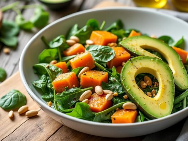 Salade de patates douces, avocat et pignons de pin