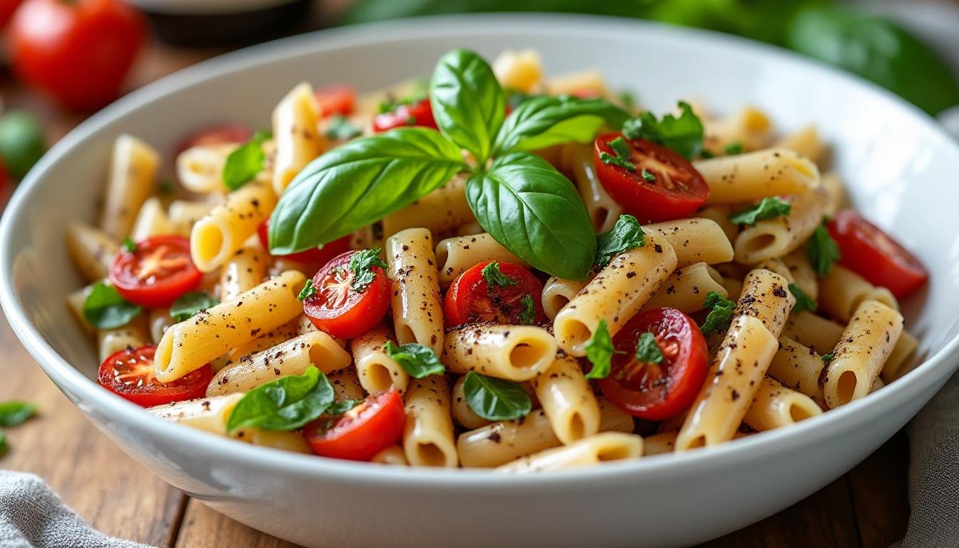 découvrez notre délicieuse salade de pâtes complètes aux tomates séchées et au basilic. un plat savoureux, riche en saveurs et parfait pour un repas équilibré. idéale pour vos pique-niques ou déjeuners légers!