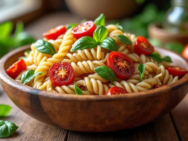 Salade de pâtes complètes, tomates séchées et basilic