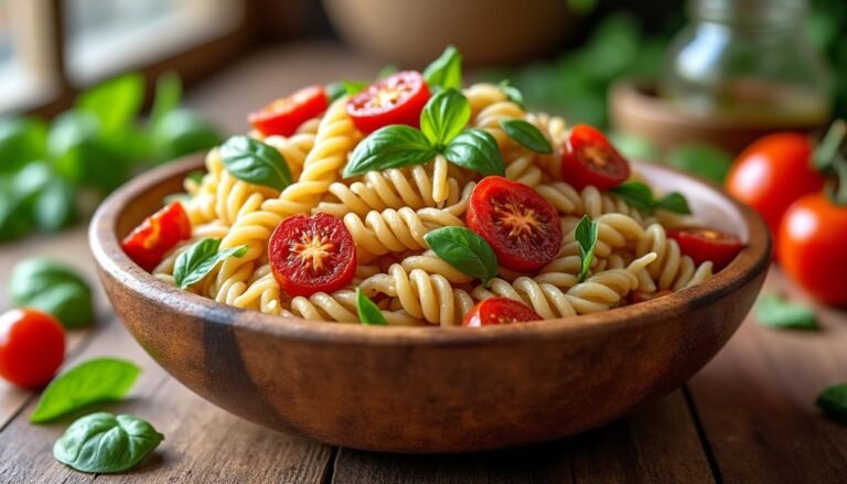 découvrez notre délicieuse salade de pâtes complètes, agrémentée de tomates séchées savoureuses et de basilic frais. parfaite pour un repas léger ou un accompagnement plein de saveurs, cette recette ravira vos papilles tout en étant saine et nourrissante.