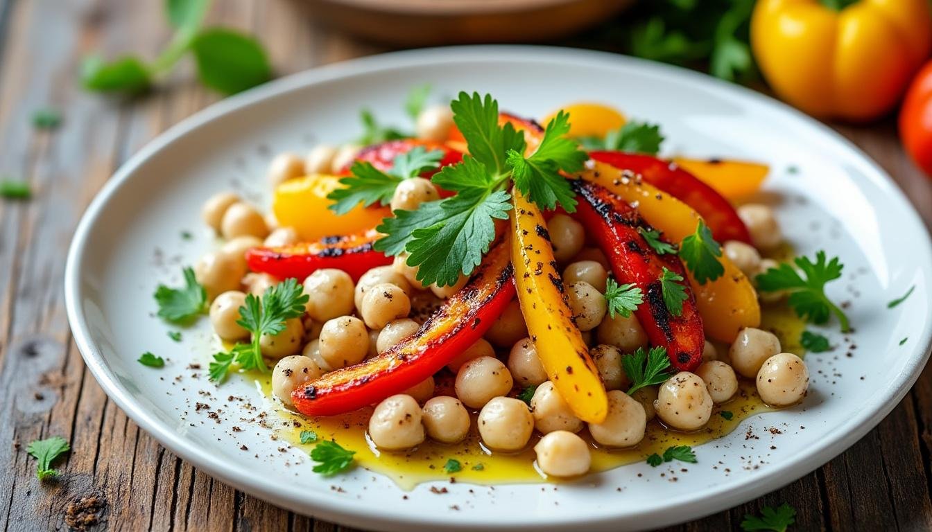 découvrez une délicieuse salade de pois chiches et poivrons grillés, parfaite pour un repas léger et savoureux. rafraîchissante et riche en protéines, elle combine le croquant des poivrons avec la douceur des pois chiches, le tout assaisonné de vinaigrette maison. idéale pour les journées ensoleillées ou comme accompagnement coloré !