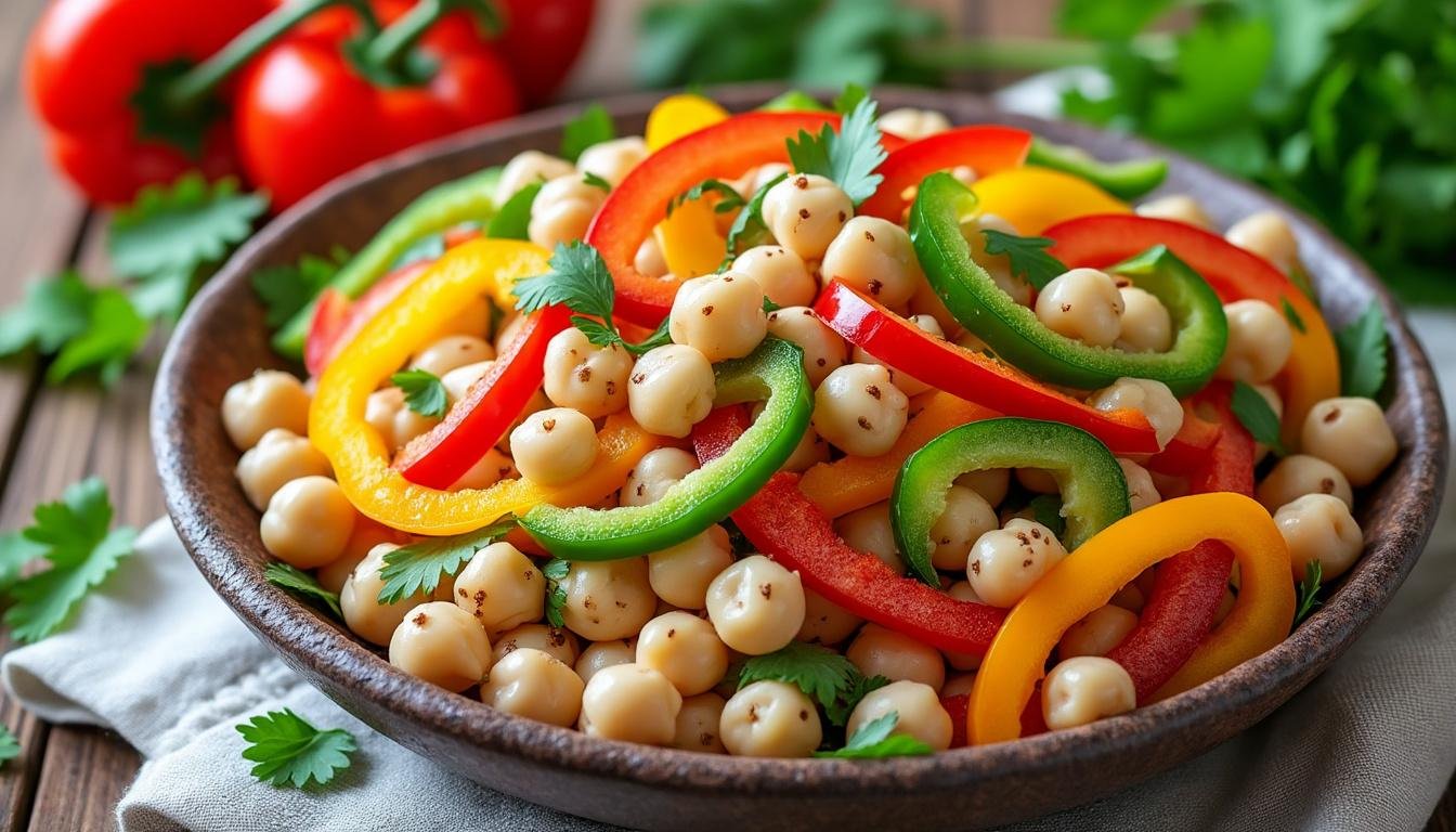 découvrez notre délicieuse salade de pois chiches et poivrons grillés, une recette saine et gourmande, parfaite pour vos repas d'été. savourez des saveurs méditerranéennes alliées à la richesse des légumineuses, idéale pour un déjeuner léger ou en accompagnement.