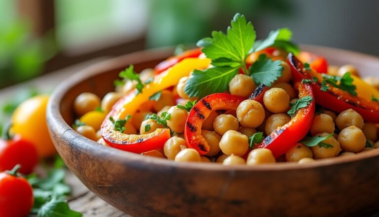 découvrez une délicieuse salade de pois chiches et poivrons grillés, alliant saveurs méditerranéennes et bienfaits nutritionnels. parfaite pour un repas léger ou un accompagnement coloré, cette recette simple et savoureuse ravira vos papilles tout en apportant une touche de fraîcheur à vos repas.