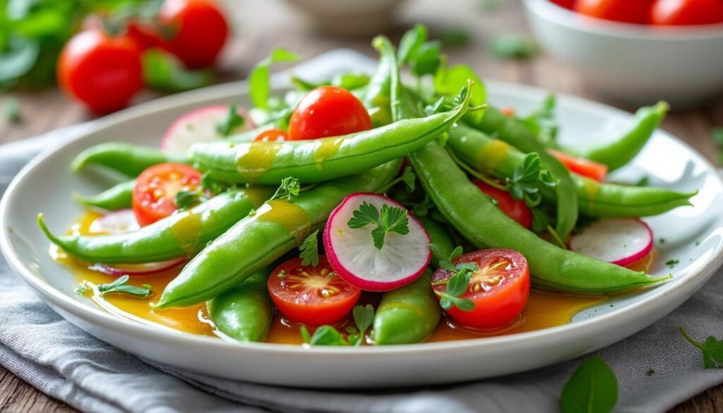 découvrez une délicieuse salade de pois mange-tout, parfaite pour vos repas d'été, agrémentée d'une vinaigrette au miel sucrée et acidulée qui rehausse la saveur de chaque bouchée. idéale pour une entrée fraîche et légère!