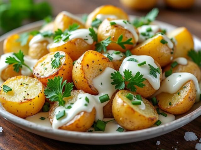 Salade de pommes de terre rôties et crème d’ail