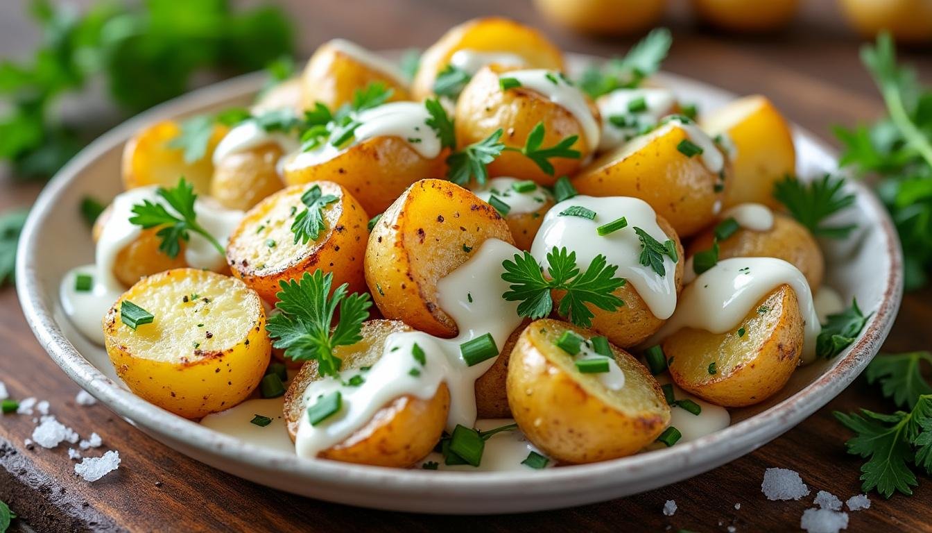 découvrez notre délicieuse recette de salade de pommes de terre rôties, alliant la douceur des pommes de terre dorées à la richesse d'une crème d'ail onctueuse. un accompagnement savoureux et réconfortant, idéal pour vos repas en famille ou entre amis.