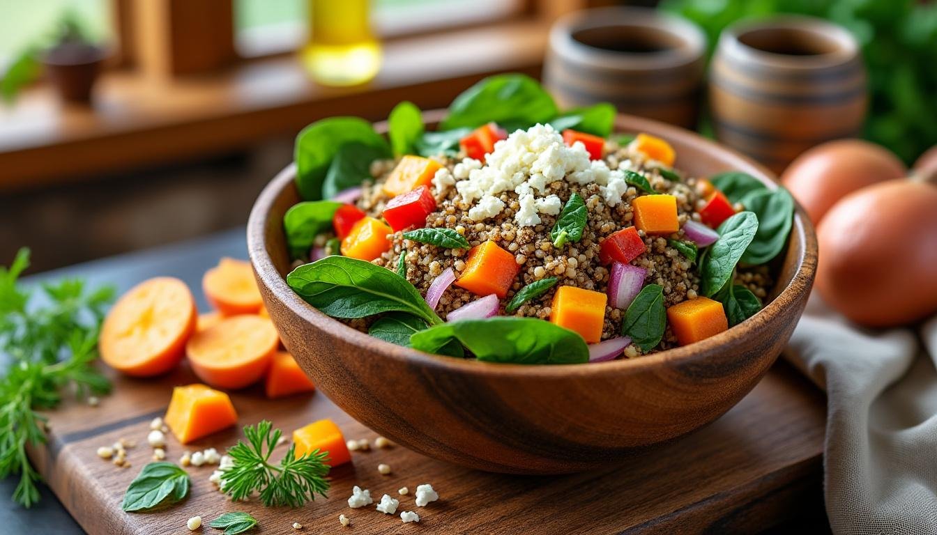 découvrez notre délicieuse salade de quinoa, patate douce et feta, un plat savoureux et nourrissant, idéal pour un déjeuner équilibré ou un dîner léger. cette recette associe des ingrédients frais et colorés pour une harmonie parfaite de saveurs.