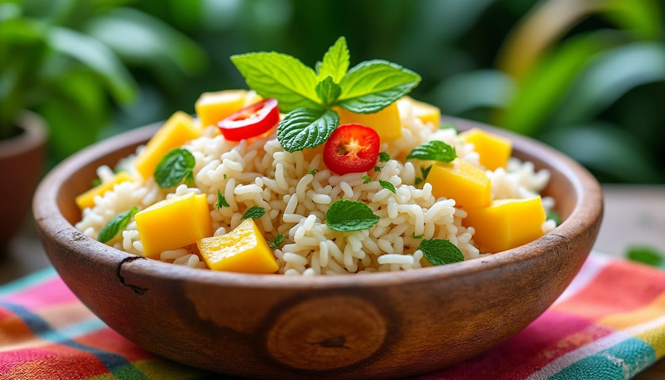 découvrez notre délicieuse salade de riz thaï, mariant la douceur de la mangue à la fraîcheur de la menthe. une recette colorée et exotique, parfaite pour un repas léger et rafraîchissant, évoquant les saveurs ensoleillées de la cuisine asiatique.