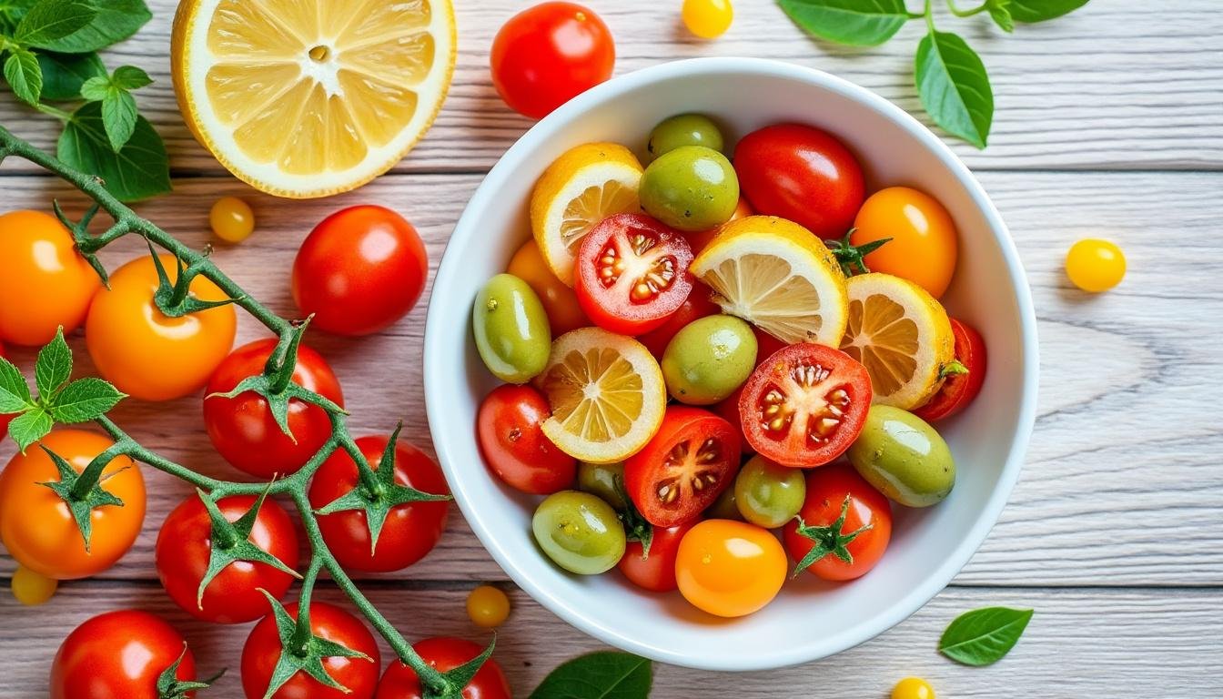 découvrez une délicieuse salade de tomates cerises, olives savoureuses et citron confit. un mélange frais et coloré parfaitement équilibré, idéal pour accompagner vos plats ou en entrée. savourez la fraîcheur des ingrédients et l'originalité de cette recette estivale.