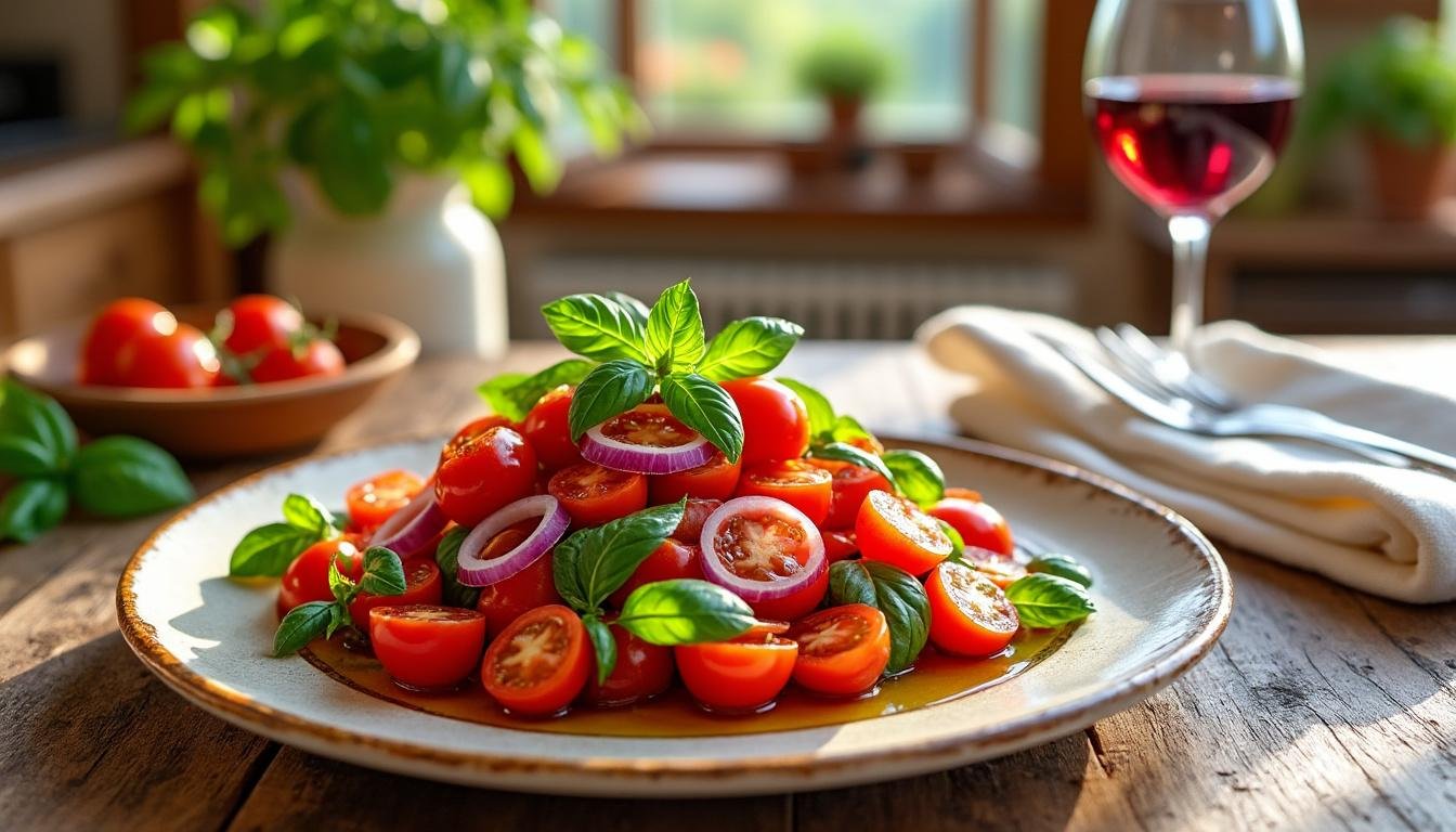 savourez une délicieuse salade de tomates cerises, olives et citron confit, parfaite pour égayer vos plats d'été. un mélange frais et coloré qui apporte une touche méditerranéenne à votre table.