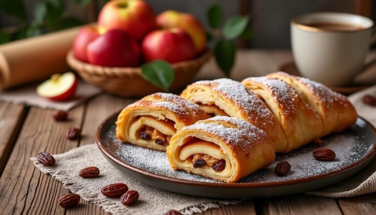 découvrez notre délicieux strudel aux pommes et raisins secs, un dessert réconfortant qui allie la douceur des fruits et la texture feuilletée. parfait pour une pause gourmande ou un dessert convivial !