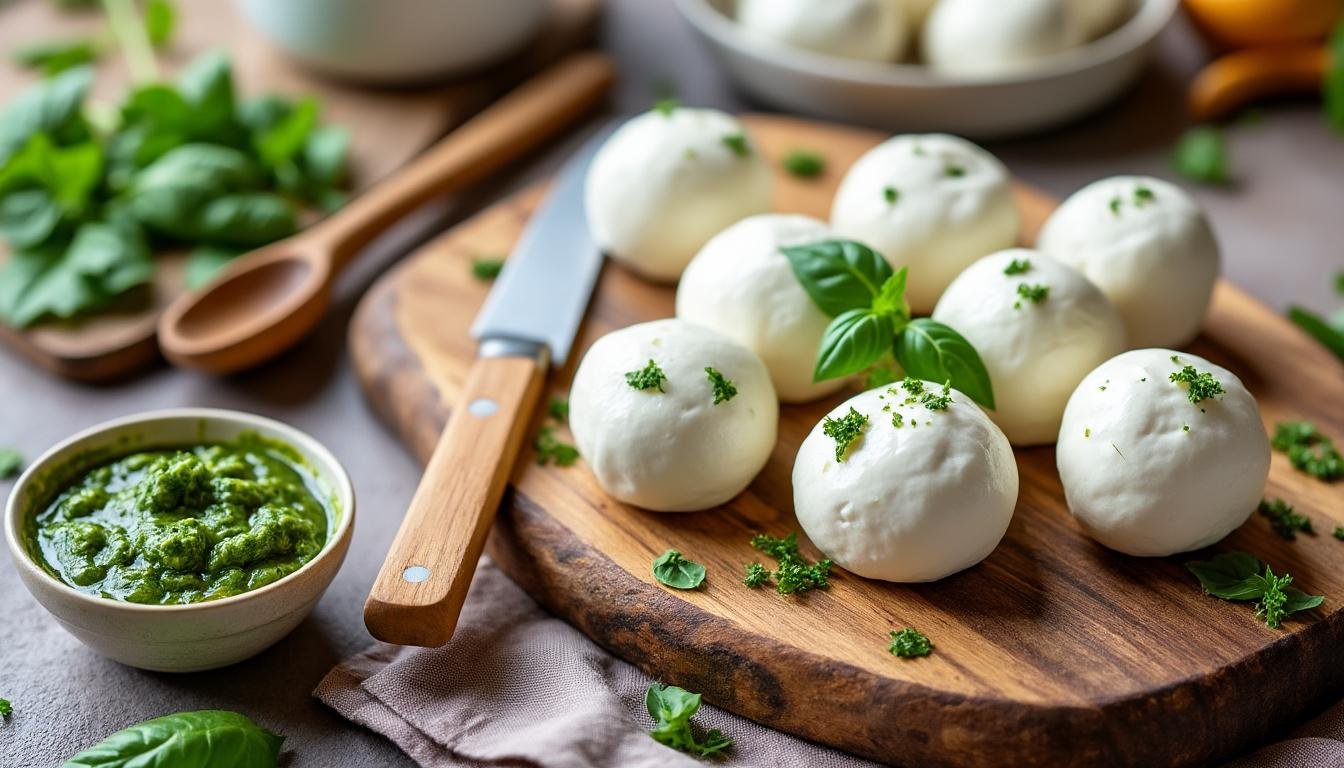 savourez ces délicieuses bouchées de mozzarella garnies de pesto frais, un apéritif savoureux et simple à réaliser qui ravira vos convives. idéales pour les fêtes ou un moment convivial entre amis, elles allient la crémeuse de la mozzarella à l'arôme herbacé du pesto.