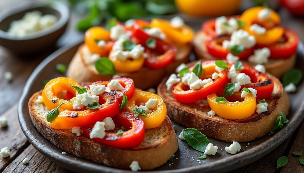 découvrez une recette délicieuse de bruschettas de poivrons grillés et feta, alliant la douceur des poivrons rôtis à la crémeux de la feta. parfaites en entrée ou pour un apéritif convivial, ces petites bouchées pleines de saveurs raviront vos convives.