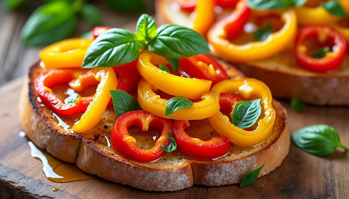 découvrez la recette irrésistible des bruschettas de poivrons grillés et feta, un délice méditerranéen facile à préparer, parfait pour vos apéritifs ou vos entrées. savourez le mariage savoureux des poivrons sucrés et de la feta crémeuse sur du pain croustillant.