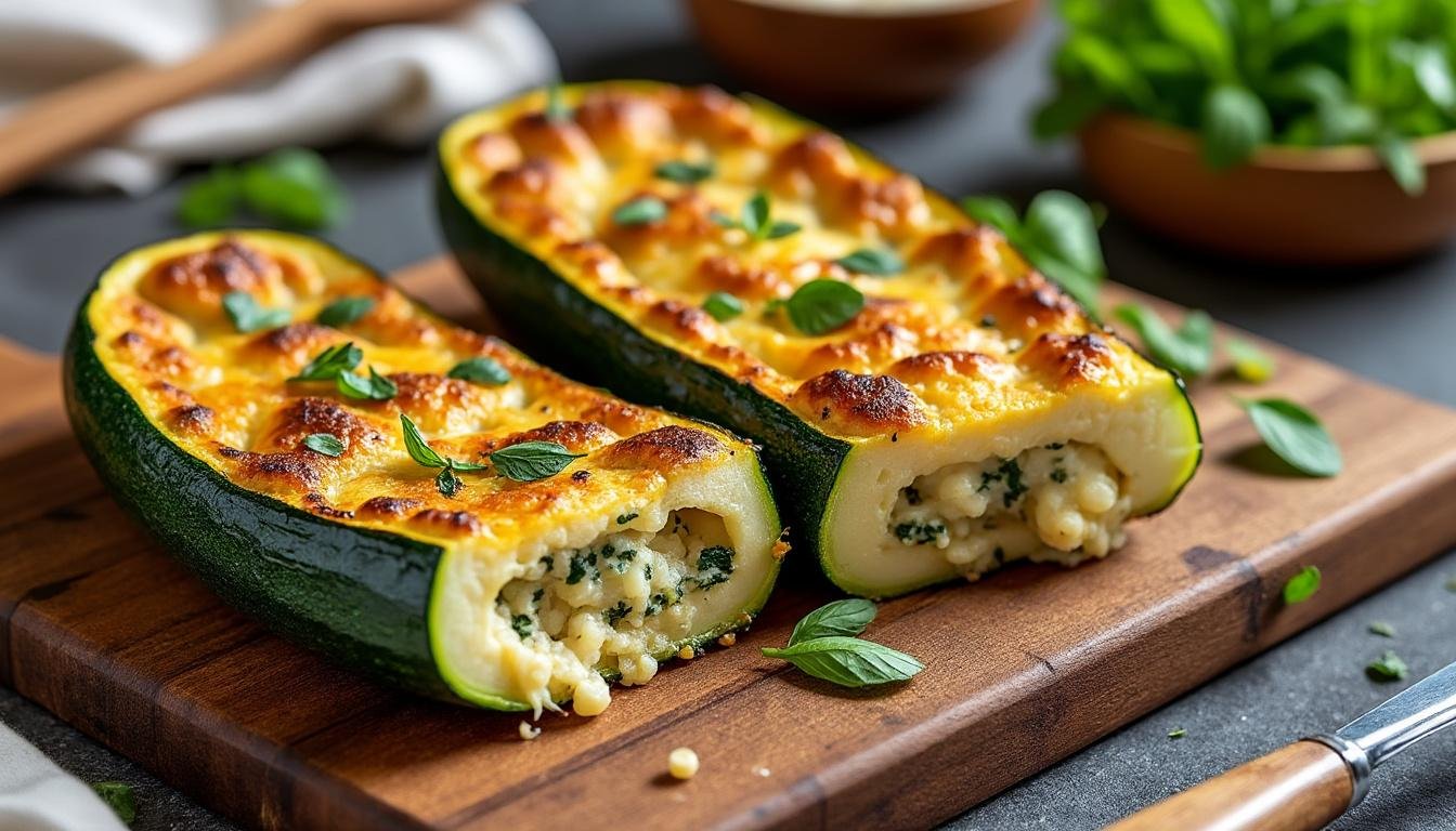 découvrez une délicieuse recette de courgettes farcies au riz et fromage de brebis, alliant saveurs méditerranéennes et harmonie parfaite entre le croquant des courgettes et la douceur du fromage. parfait pour un repas sain et équilibré !