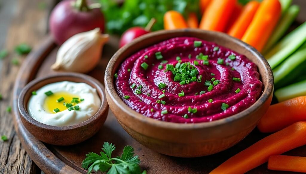 découvrez notre savoureux dip de betteraves et yaourt à l'ail, une recette colorée et délicieuse qui allie la douceur de la betterave à la richesse du yaourt et à la note piquante de l'ail. idéal pour accompagner vos apéritifs ou en tartinade, ce dip ravira vos convives avec ses saveurs originales et sa belle teinte rubis.