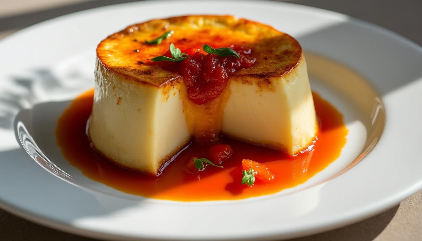 découvrez notre savoureux flan d’aubergines agrémenté d'une sauce tomate épicée. un plat végétal délicat qui allie douceur et piquant, idéal pour toutes vos occasions. régalez vos amis et votre famille avec cette recette facile à préparer et pleine de saveurs!