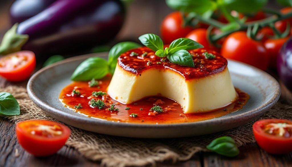 découvrez notre savoureux flan d’aubergines accompagné d'une sauce tomate épicée. un plat délicat et réconfortant qui allie le fondant des aubergines à la chaleur des épices. idéal pour étonner vos convives avec une touche méditerranéenne dans chaque bouchée.